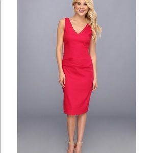 Nicole Miller Coral V-Neck Side Tuck Midi Dress
